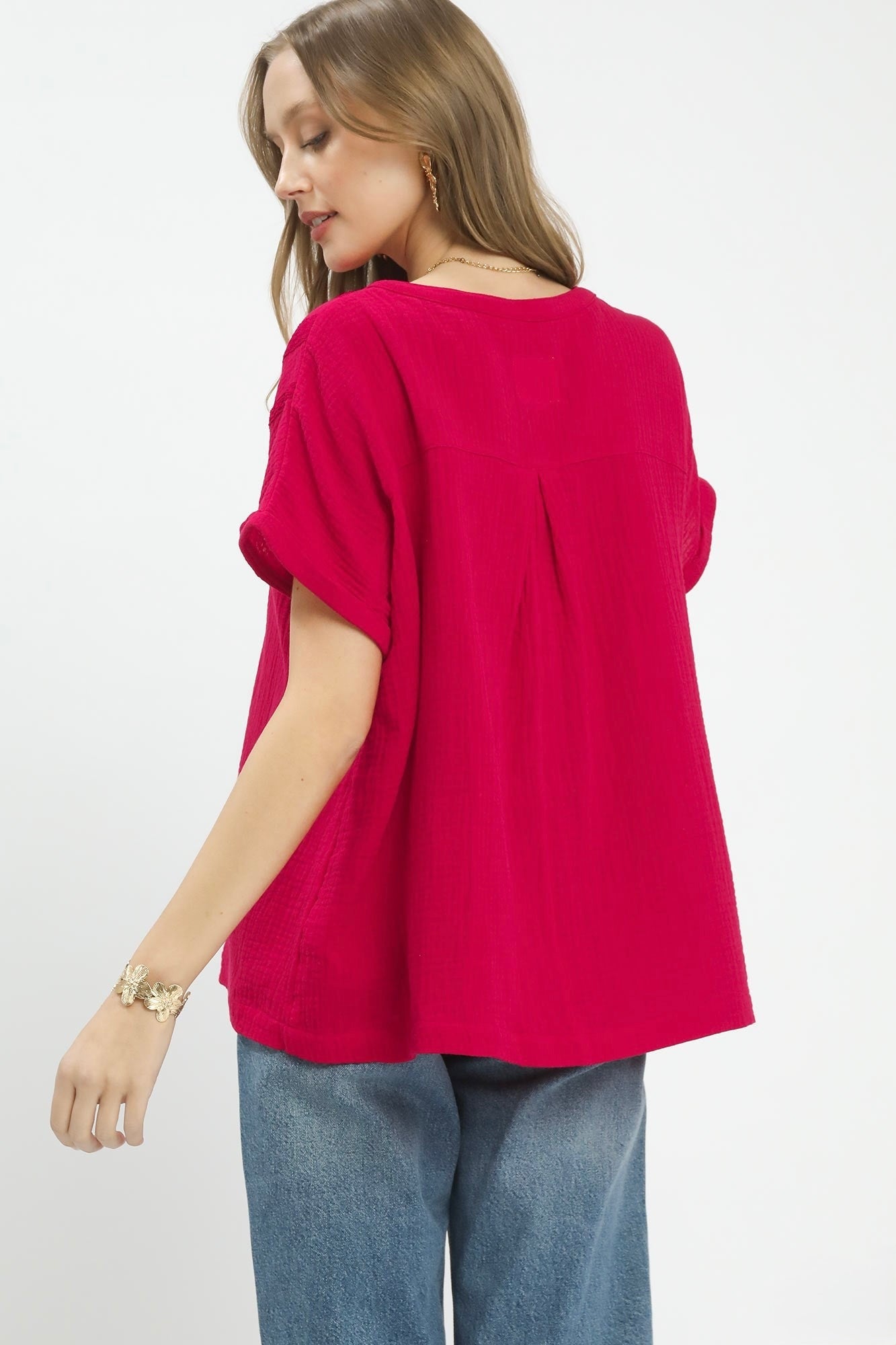Textured Gauze Split-Neck Boho Blouse