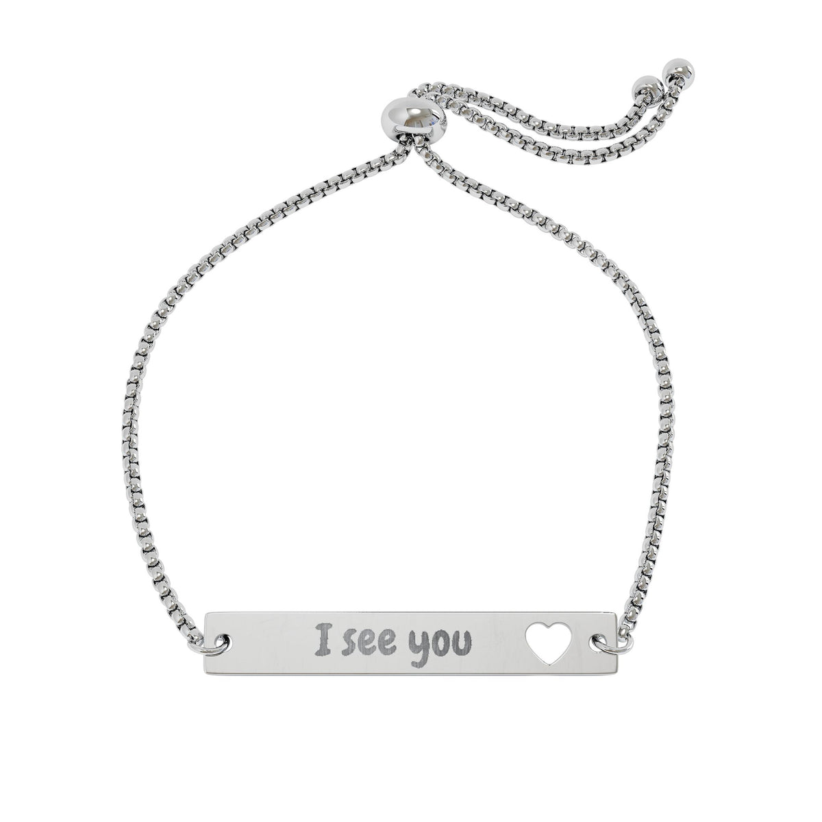 Adjustable Engraved Heart Bar Bracelet — "I see you"