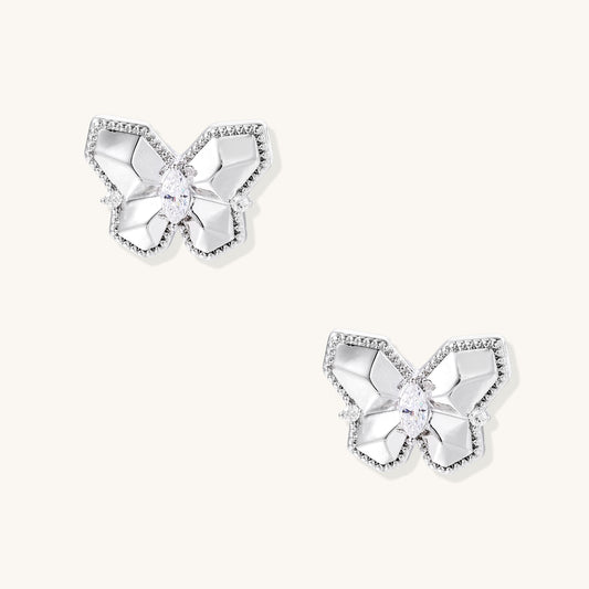 Delicate gold-plated butterfly stud earrings with zirconia crystals outlining wings and marquise center stones
