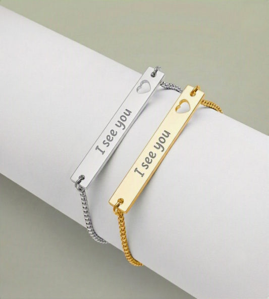 Adjustable Engraved Heart Bar Bracelet — "I see you"