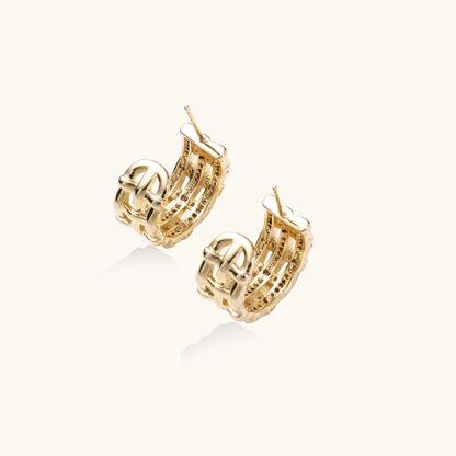 Close-up of geometric gold-plated hoop earrings with crystal pave in intricate lattice pattern on neutral background.
