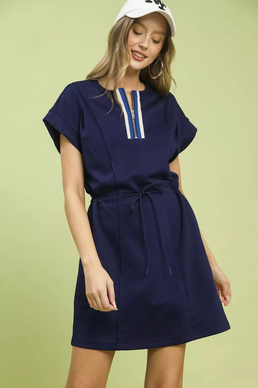 Knit Zip Front Drawstring Dress