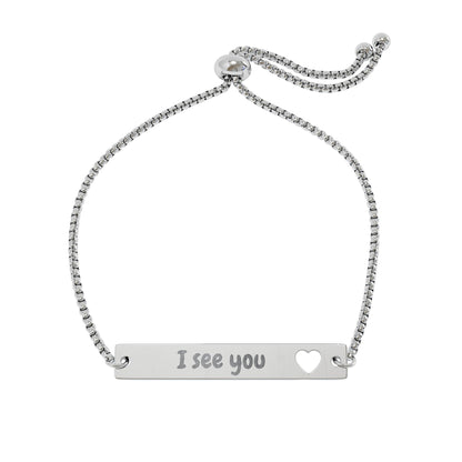 Adjustable Engraved Heart Bar Bracelet — "I see you"