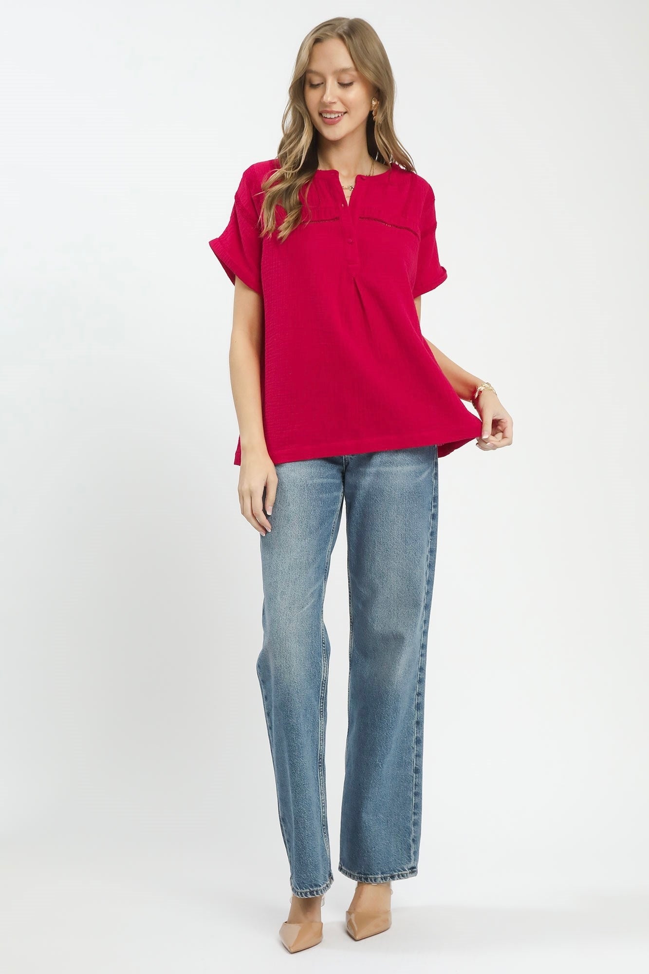 Textured Gauze Split-Neck Boho Blouse