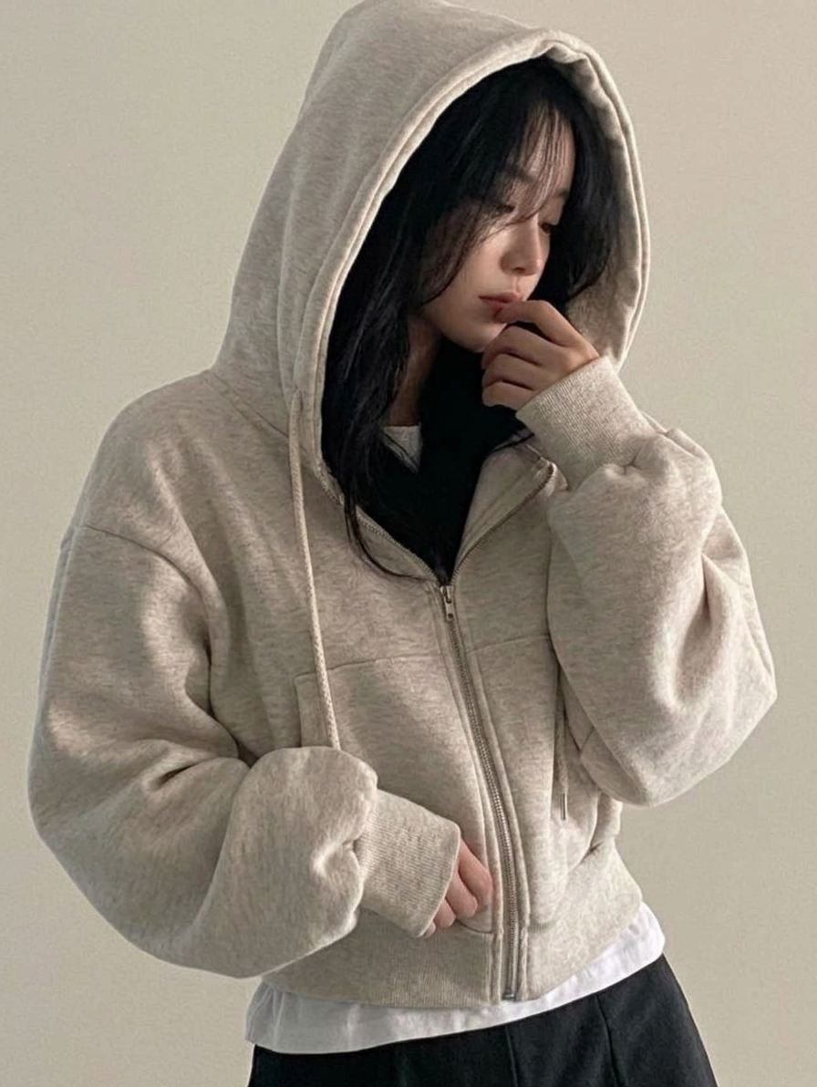 Oversized Zip-Up Cropped Hoodie