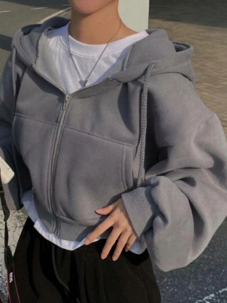 Oversized Zip-Up Cropped Hoodie