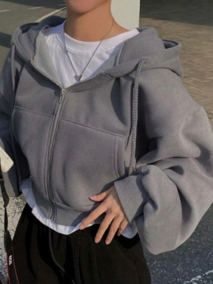 Oversized Zip-Up Cropped Hoodie