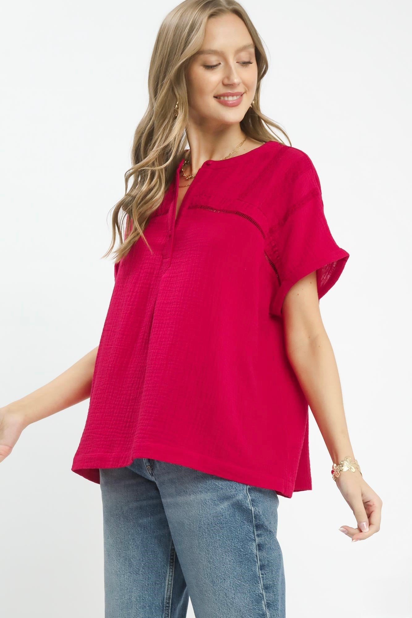 Textured Gauze Split-Neck Boho Blouse