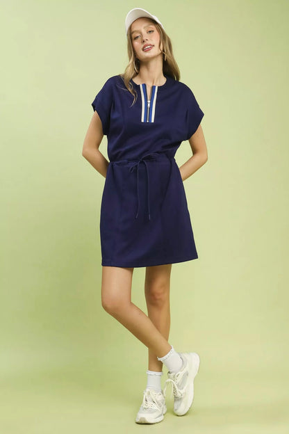 Knit Zip Front Drawstring Dress