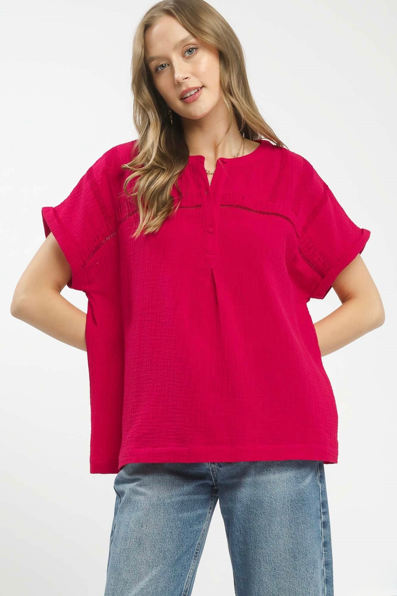 Textured Gauze Split-Neck Boho Blouse