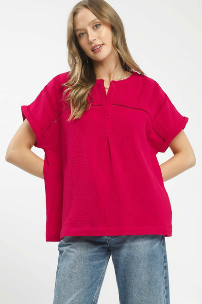 Textured Gauze Split-Neck Boho Blouse