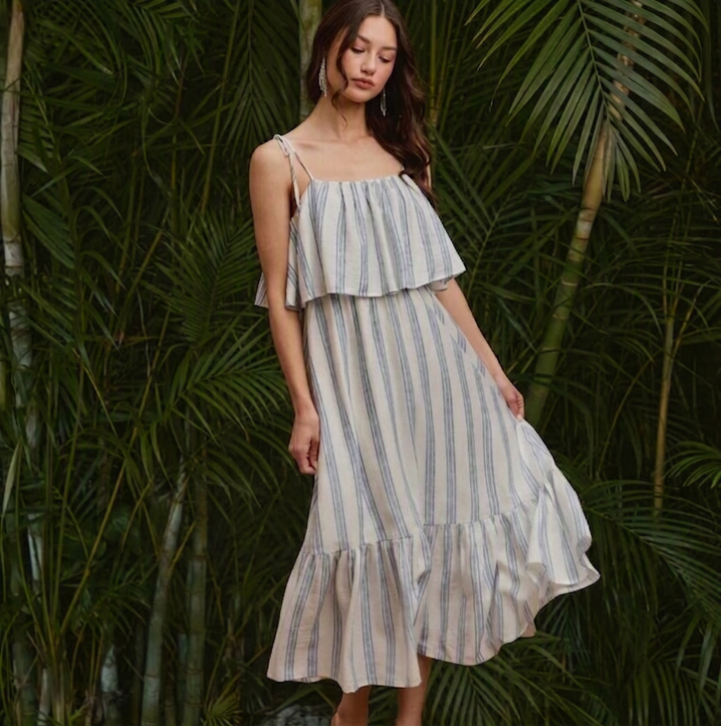 Stripe Tiered Shoulder Tie Midi Lined Dress